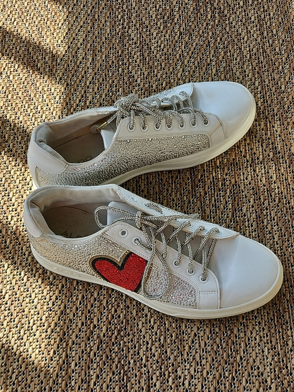 Aldo White Glitter Sneakers with Red Heart Patch